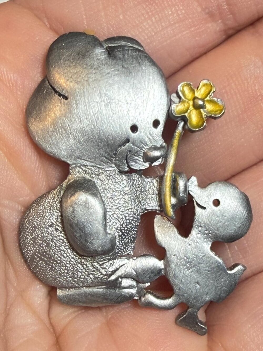 Precious Moments Style Bear and Duck Brooch OOAK Upcycled Vintage